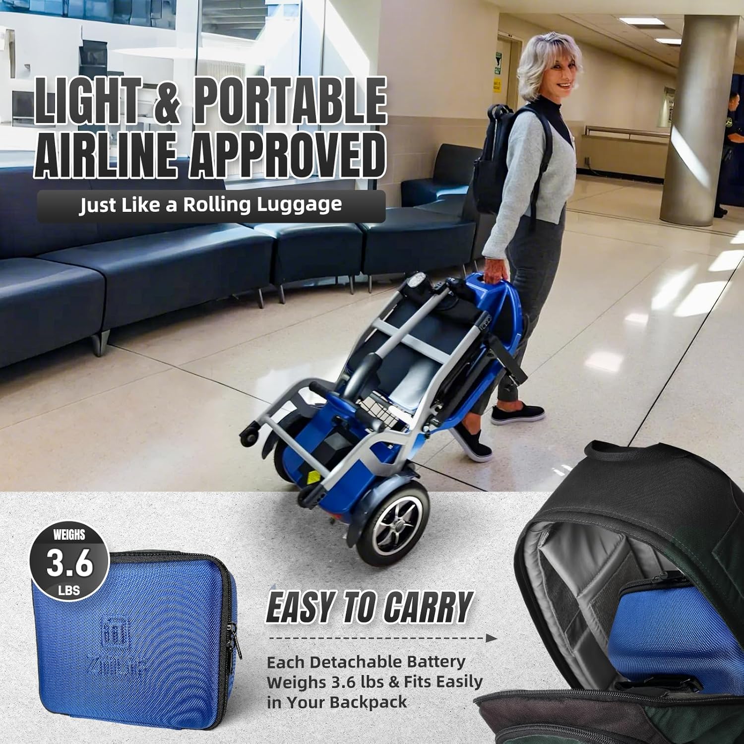 R3b-Mobility Scooters for Seniors Adults Ultra Lightweight Electric Powered Folding 4 Wheel Mobility Scooter with Headlight Cup Holder, Compact & Convenient for Travel Airline Approved, Blue