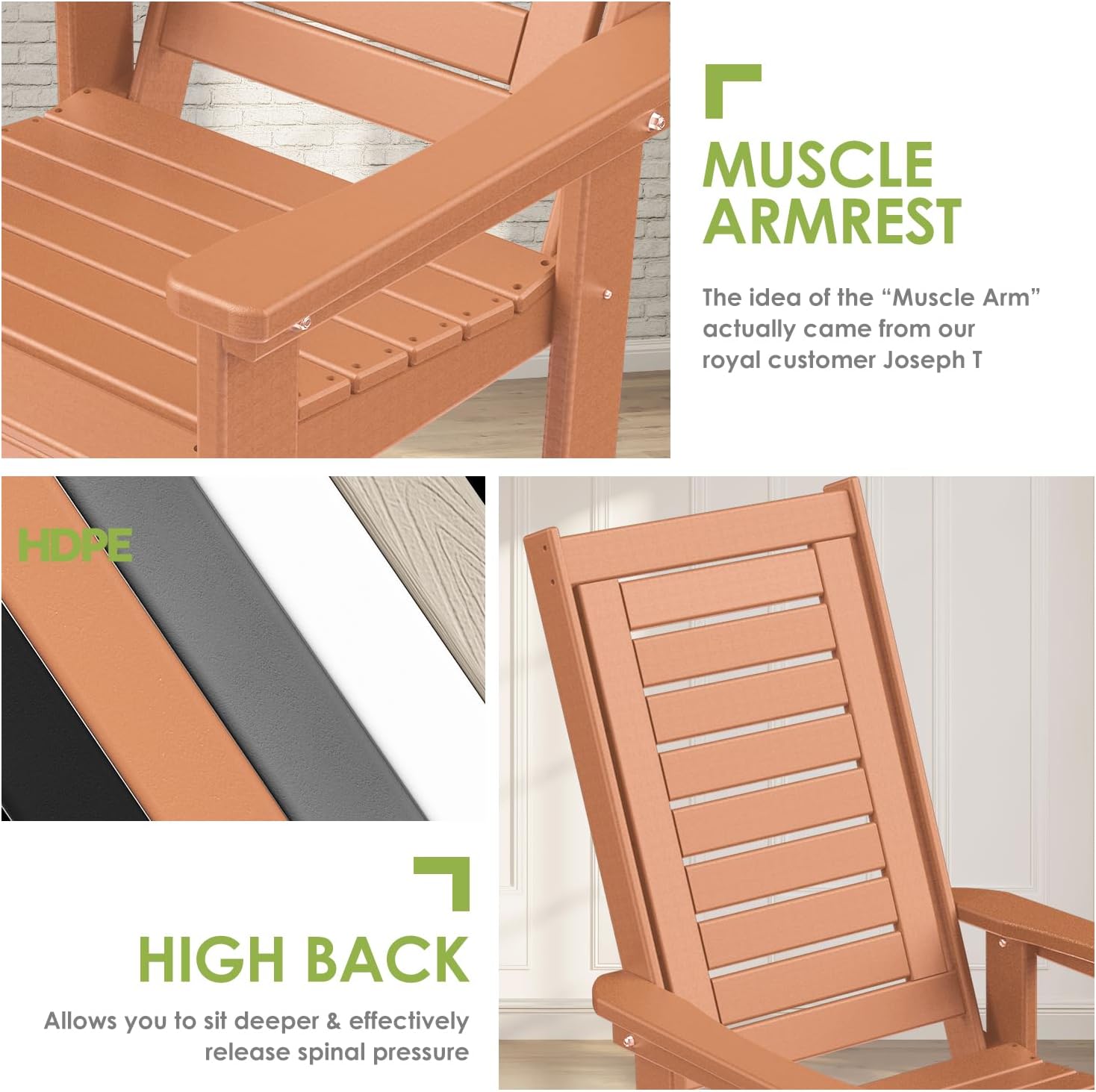 GREENVINES Outdoor Rocking Chairs | Set of 2 | Porch Rocker | HDPE Plastic | Black | Oversized Rockers | High Back | Big & Tall | Ladder Back | for Patio Outside Backyard Balcony Garden