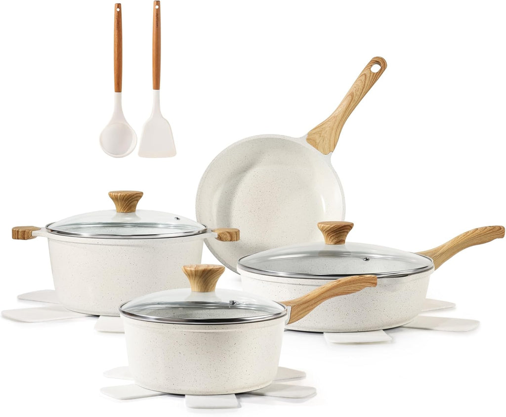 SENSARTE Nonstick Cookware Set 13-Piece, Healthy Pots and Pans Set Non-toxic Kitchen Cooking Set with Granite Coating, Stay-Cool Handles, Silicone Utensils and Pot Protectors, PFOA Free