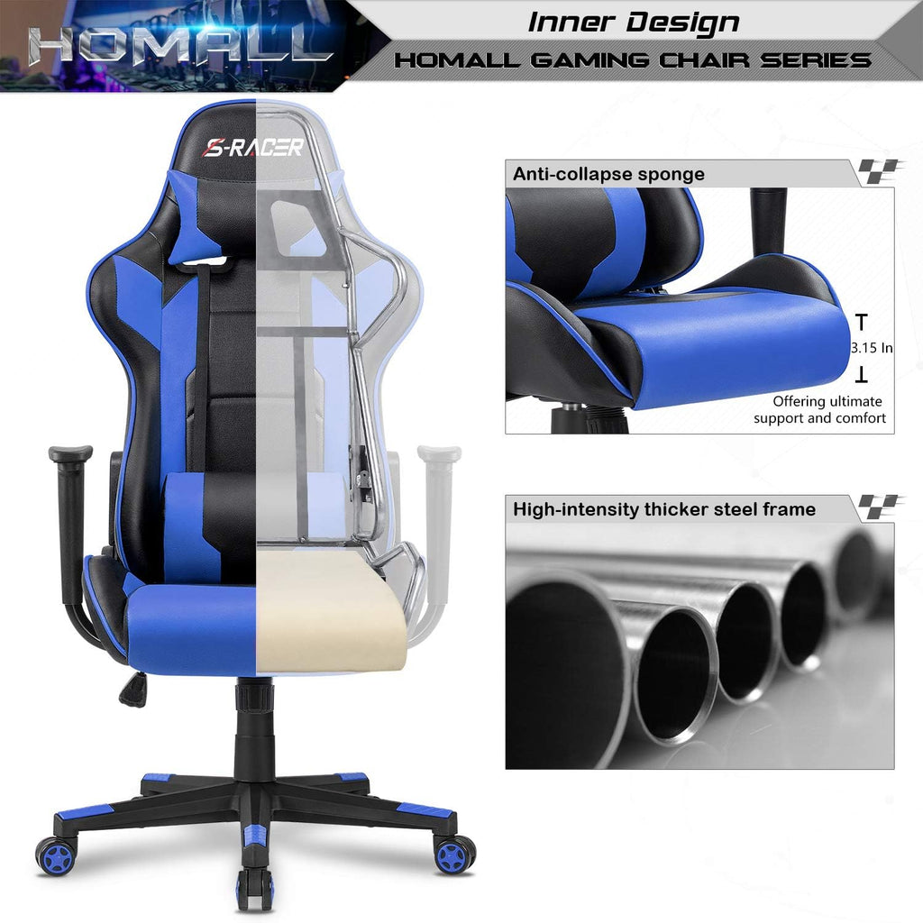 Homall Gaming Chair, Office Chair High Back Computer Chair Leather Desk Chair Racing Executive Ergonomic Adjustable Swivel Task Chair with Headrest and Lumbar Support (Dark Black)