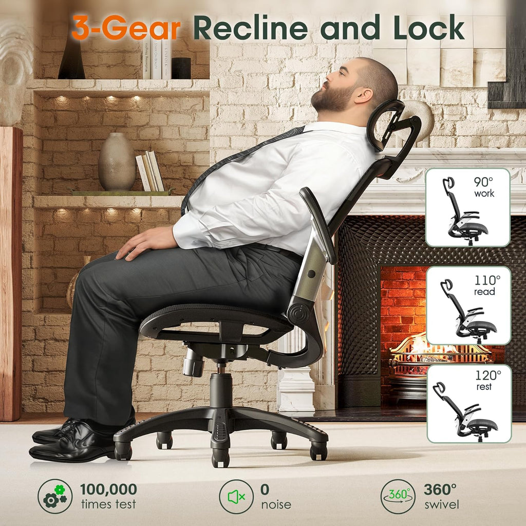 GABRYLLY Ergonomic Office Chair, High Back Home Desk Chair with Headrest, Flip-Up Arms, 90-120° Tilt Lock and Wide Cushion, Big and Tall Mesh Chairs for Man Woman, Grey Task Chair