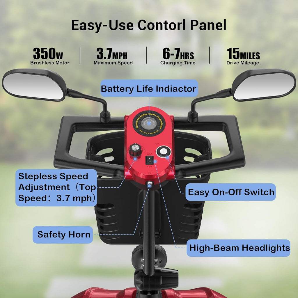 Mobility Scooter for Adults, Foldable 4 Wheels Motorized Mobility Scooter w/Dustproof Cover, 15Miles Range, Rotating Seat, 350LBS Capacity, Seniors Electric Powered Mobility for Outdoor, Red