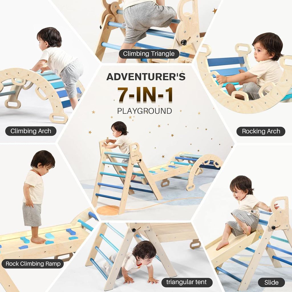 BlueWood Pikler Triangle Set 7in1 Foldable Baby Climbing Wooden Toys with Arch&Ramp&Ladder Climber Indoor Jungle Gyms for Toddlers - Natural Wood