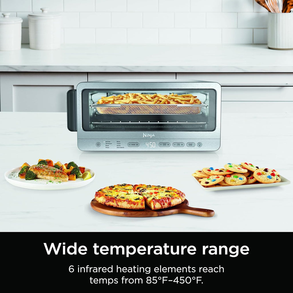 Ninja SP101 Digital Air Fry Countertop Oven with 8-in-1 Functionality, Flip Up & Away Capability for Storage Space, with Air Fry Basket, Wire Rack & Crumb Tray, Silver