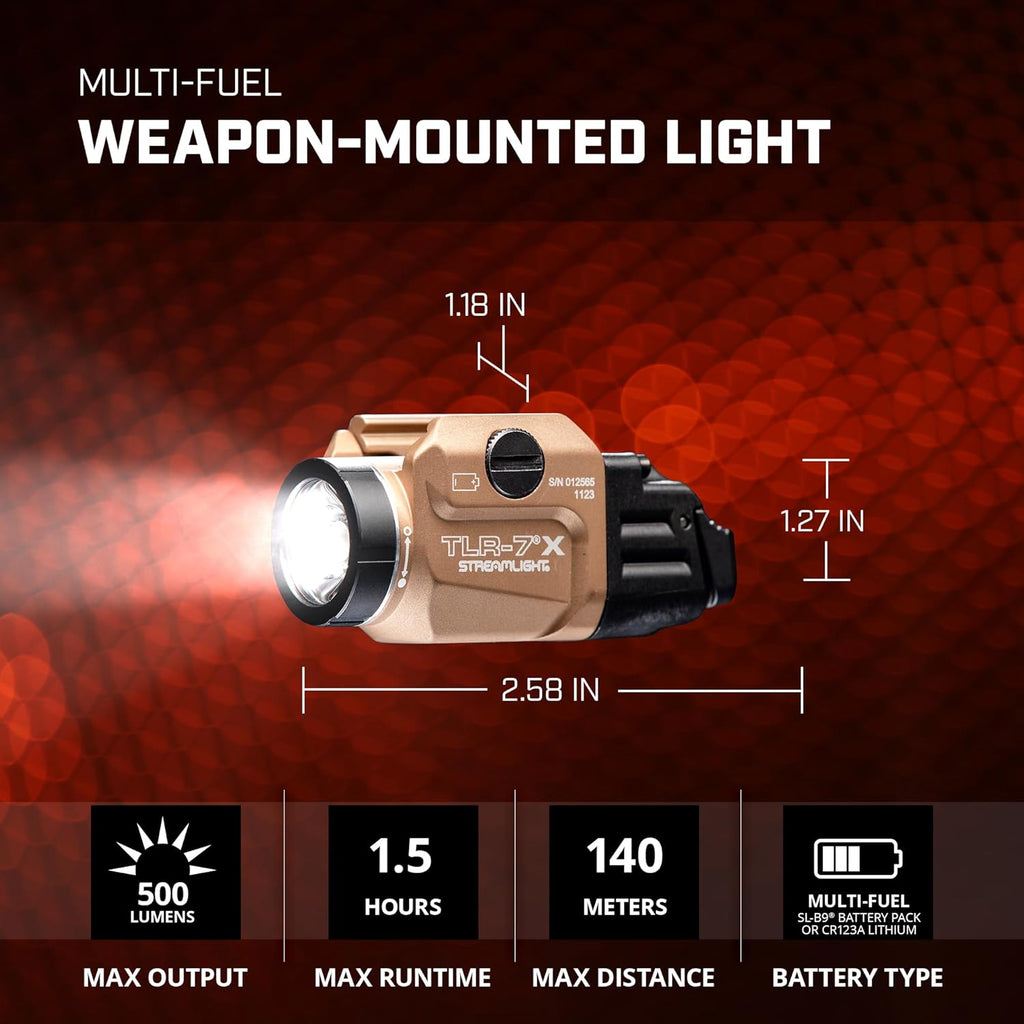 Streamlight 69456 TLR-7 X USB 500-Lumen Compact Tactical Weapon Light with High & Low Paddle Switches and Key Kit, Flat Dark Earth
