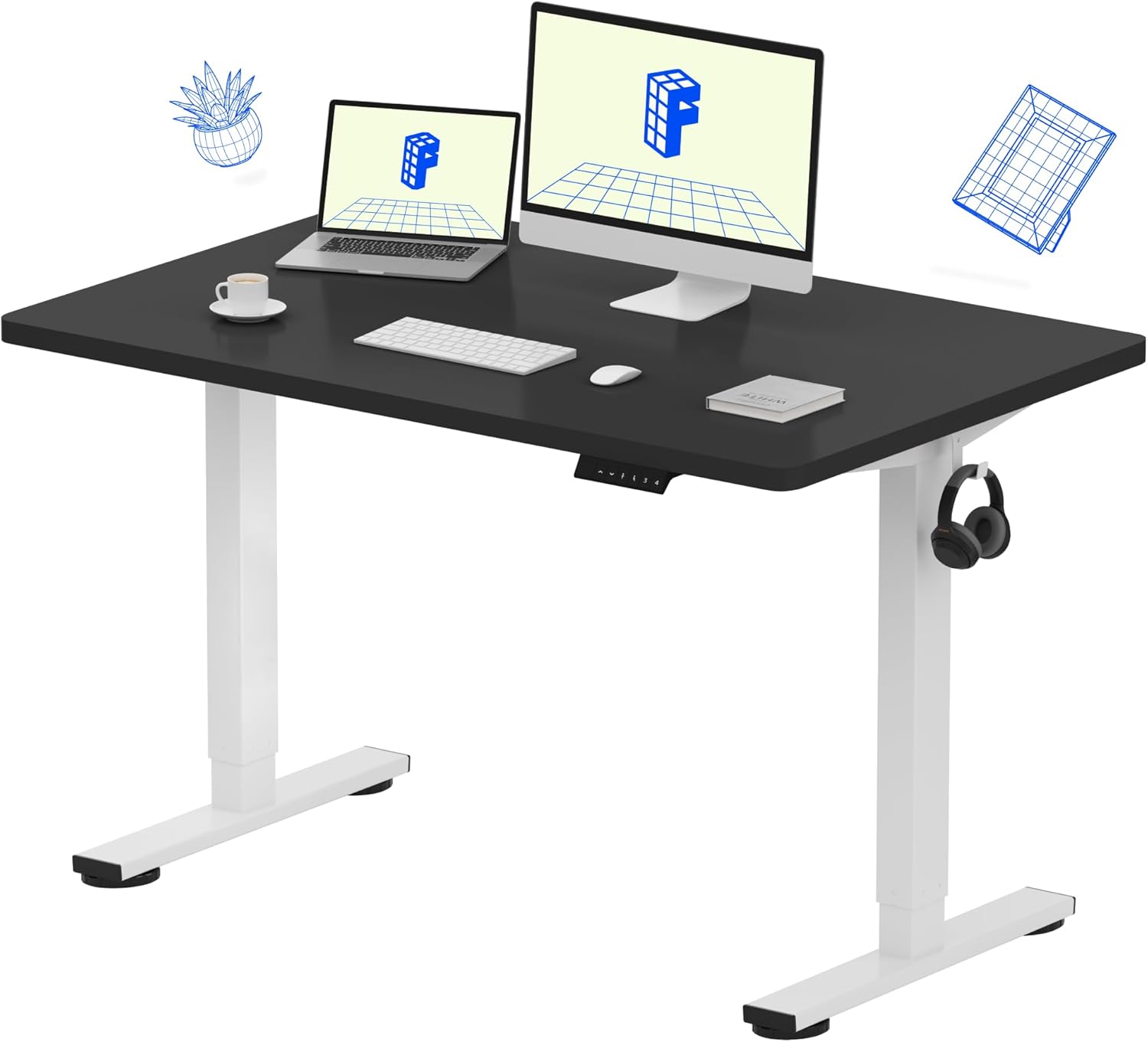 FLEXISPOT EN1 One-Piece Standing Desk 55 x 28 Inch Electric Adjustable Height Desk for Home Office and Computer Workstation (White Frame + 55" Maple Top, 2 Packages)