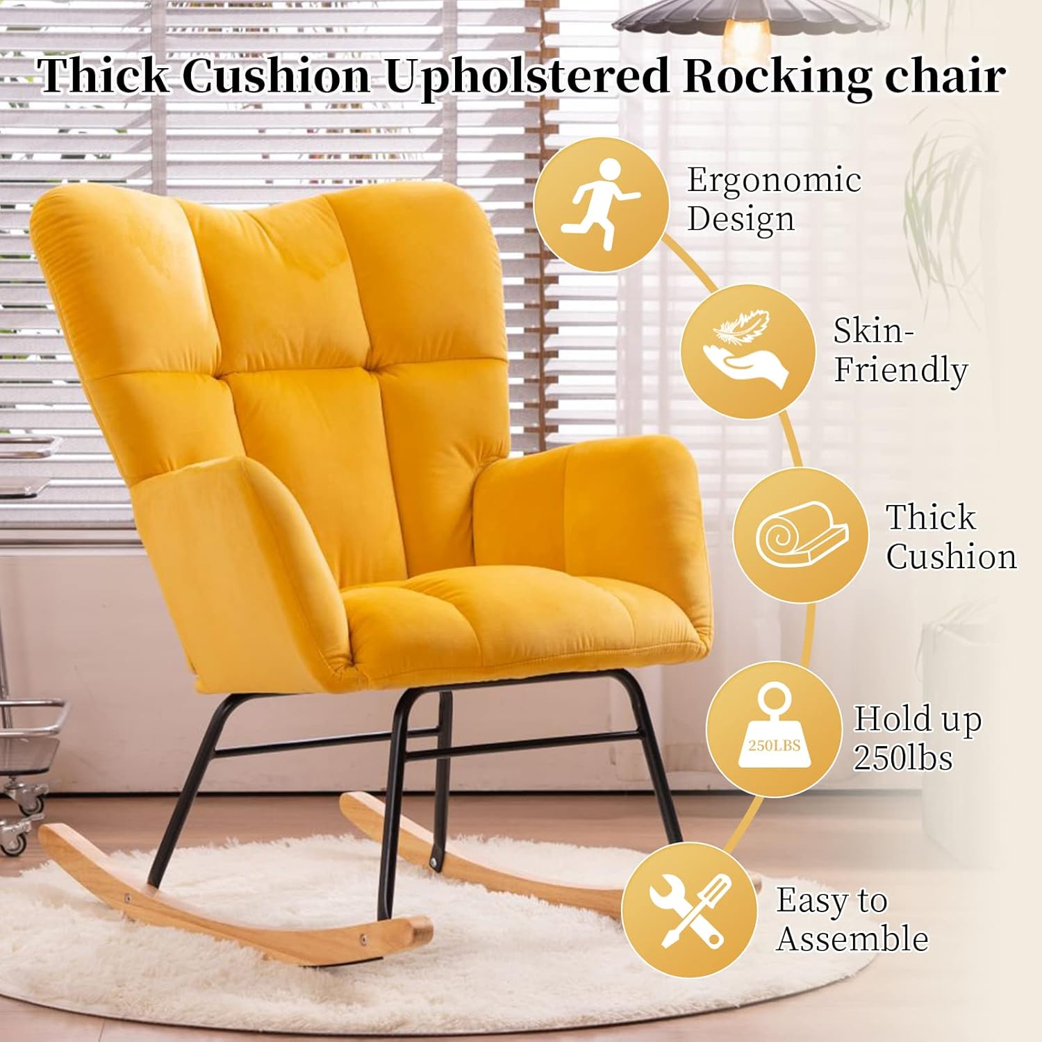 NIOIIKIT Nursery Rocking Chair Teddy Upholstered Glider Rocker Rocking Accent Chair Padded Seat with High Backrest Armchair Comfy Side Chair for Living Room Bedroom Offices (Ivory Teddy)