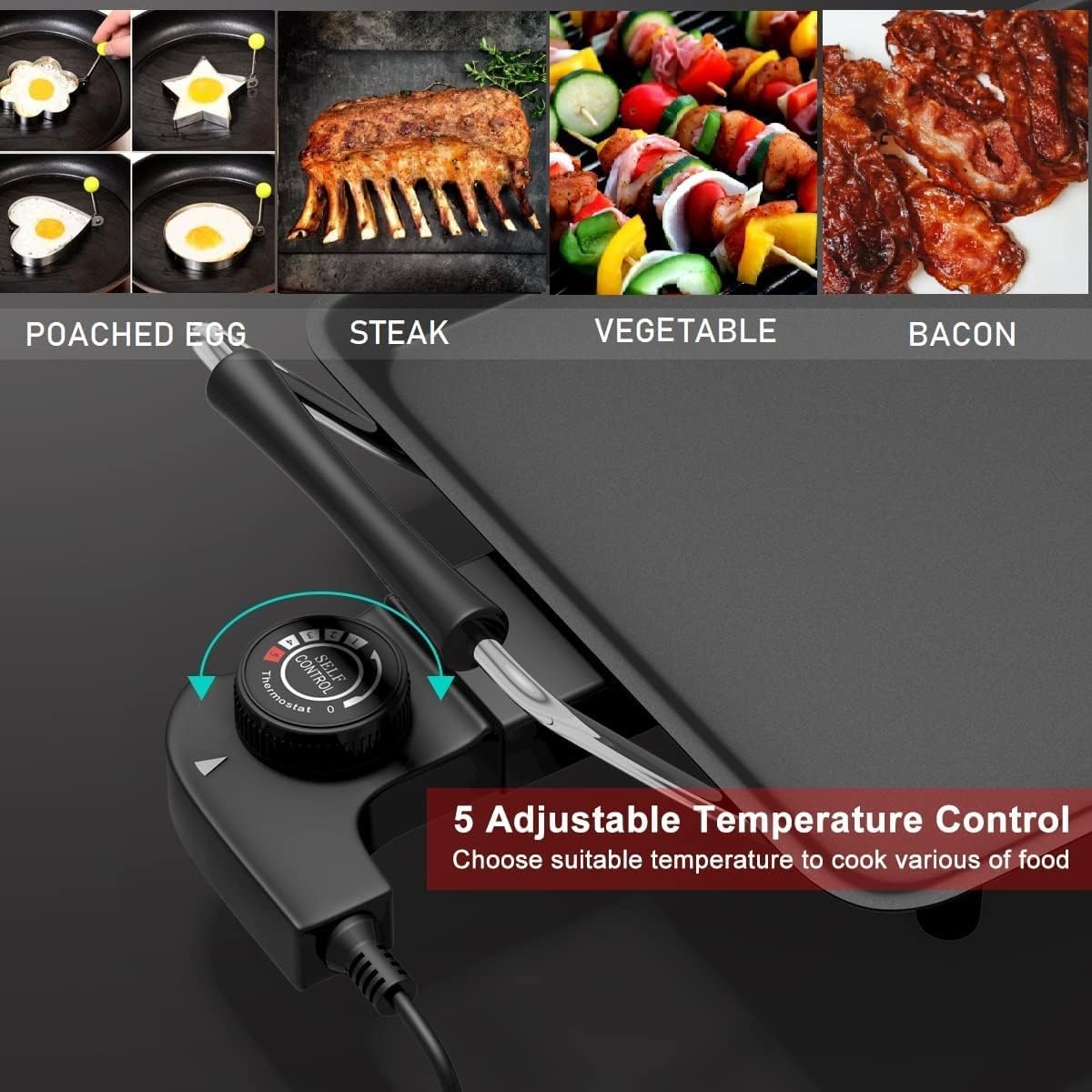 Electric Teppanyaki Grill Griddle, BBQ Smokeless Grills, 2000W Indoor Outdoor Barbecue Griddles Table Top with Nonstick Surfaces and Adjustable 5 Temperature Setting