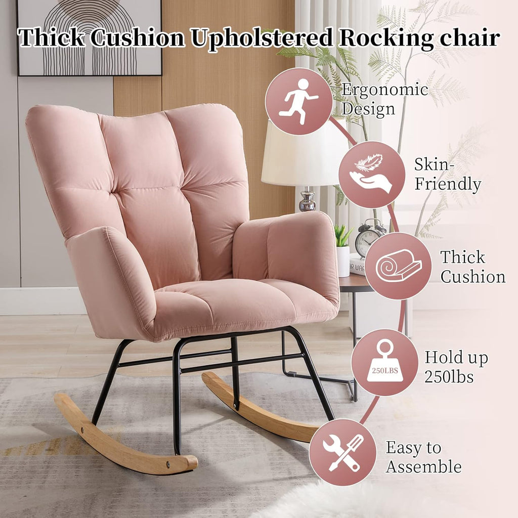 NIOIIKIT Nursery Rocking Chair Teddy Upholstered Glider Rocker Rocking Accent Chair Padded Seat with High Backrest Armchair Comfy Side Chair for Living Room Bedroom Offices (Ivory Teddy)