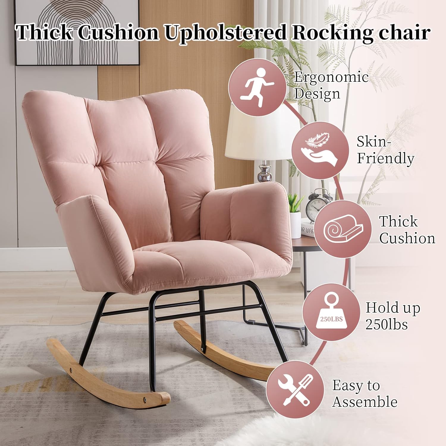 NIOIIKIT Nursery Rocking Chair Teddy Upholstered Glider Rocker Rocking Accent Chair Padded Seat with High Backrest Armchair Comfy Side Chair for Living Room Bedroom Offices (Ivory Teddy)