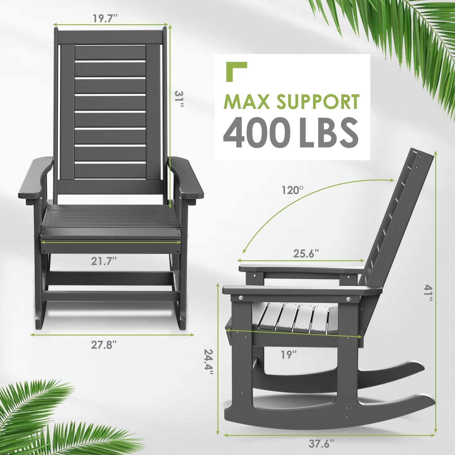 GREENVINES Outdoor Rocking Chairs | Set of 2 | Porch Rocker | HDPE Plastic | Black | Oversized Rockers | High Back | Big & Tall | Ladder Back | for Patio Outside Backyard Balcony Garden