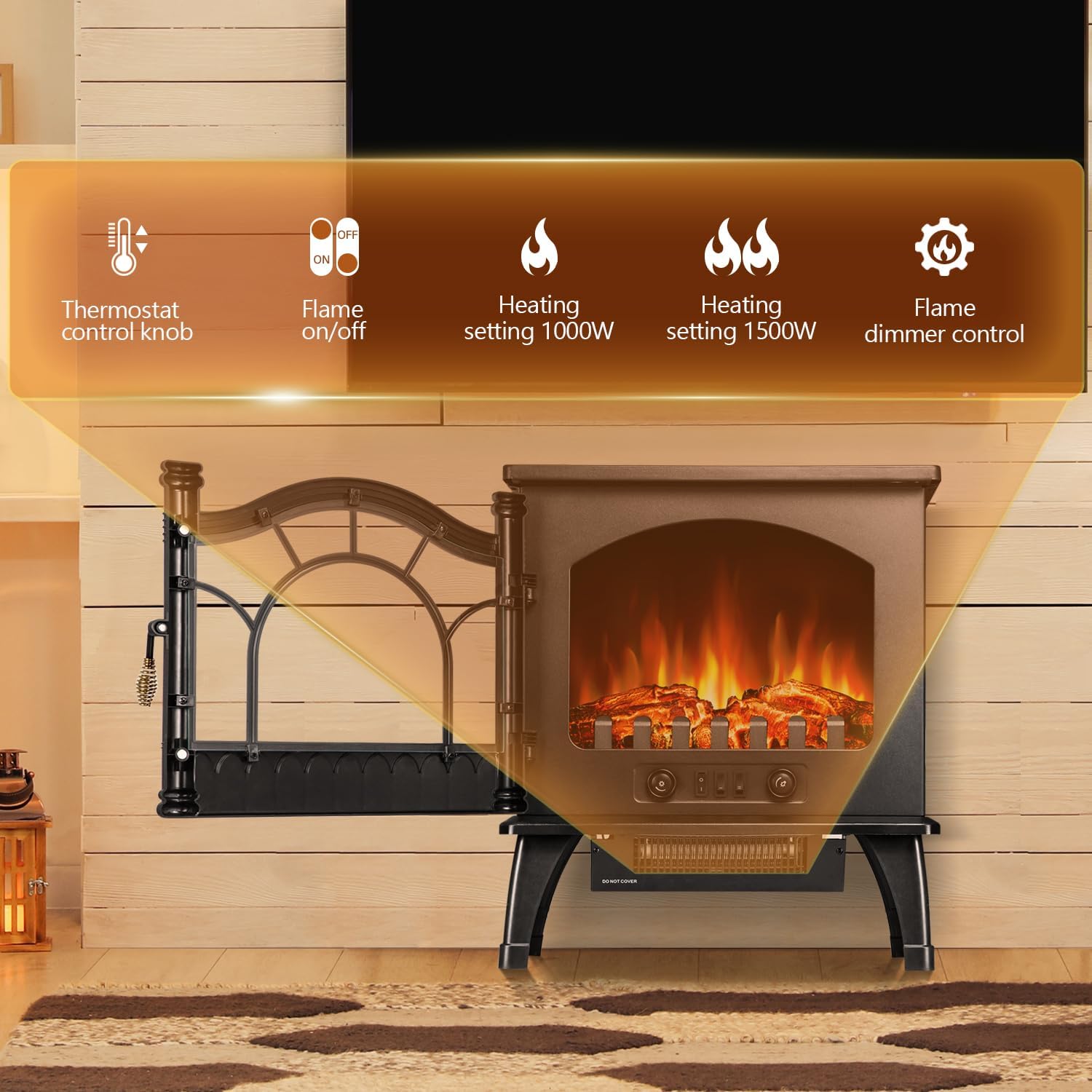 Electric Fireplace Heater, 20" Freestanding Fireplace Infrared Stove 1000W/1500W, 3D Realistic Flame Effects, Adjustable Brightness and Heating Mode, Overheating Safe Design