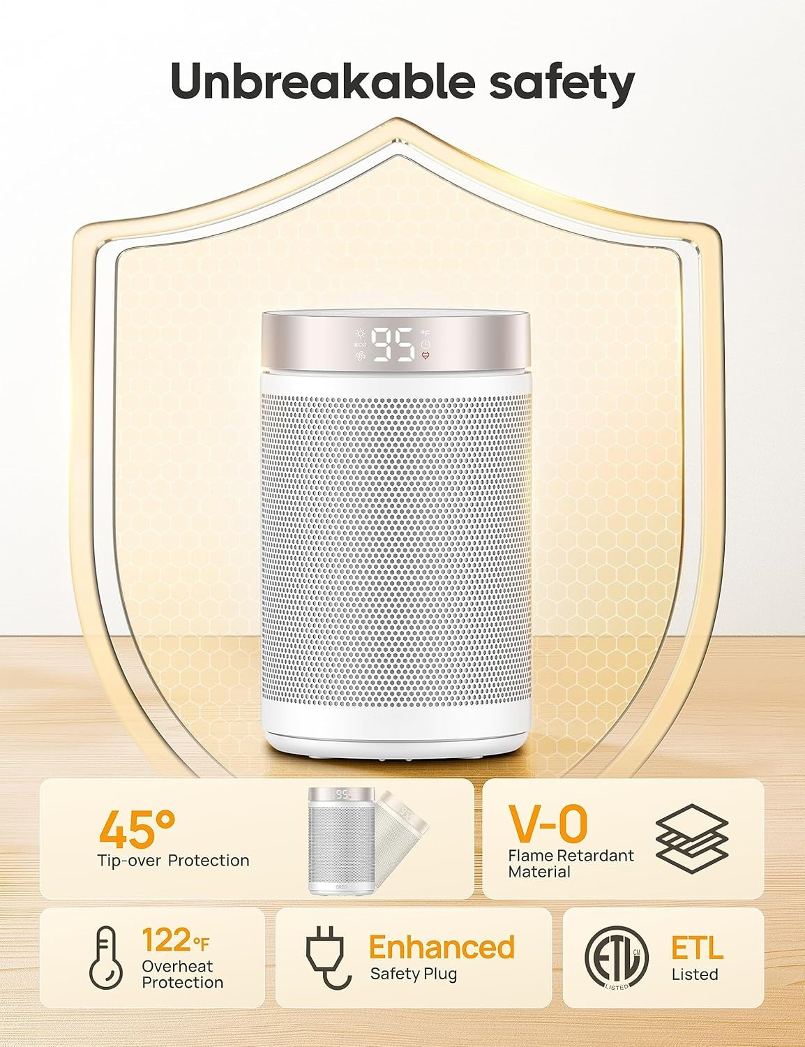 Space Heaters for Indoor Use, Portable Heater with Thermostat, 1-12H Timer, Eco Mode and Fan Mode, 1500W PTC Ceramic Fast Safety Heat for Office Bedroom Home, White, Without Remote