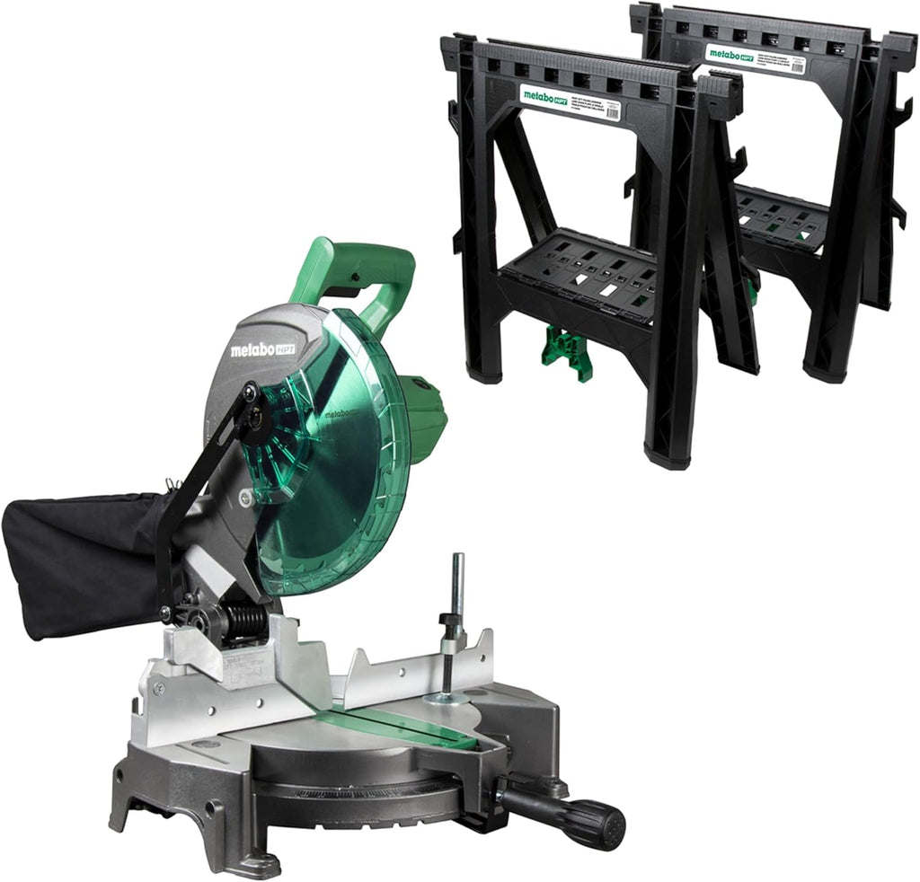 Bundle of Metabo HPT Compound Miter Saw, 10" Miter Saw with Large Table Saw for woodworking, C10FCGS + Metabo HPT 25 Ft Tape Measure, 17-Ft Reach & 14-Ft Standout, 115925M