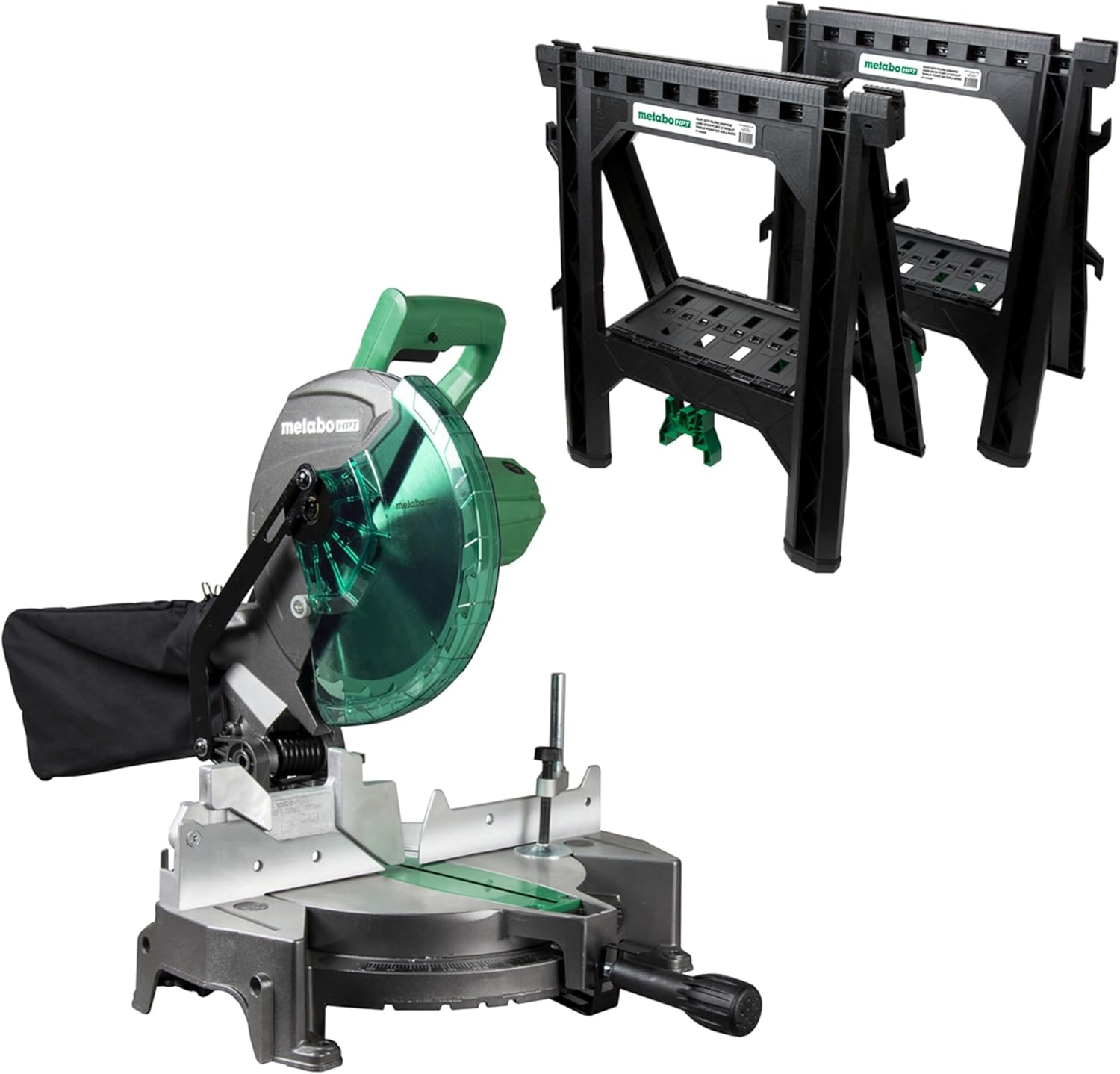 Bundle of Metabo HPT Compound Miter Saw, 10" Miter Saw with Large Table Saw for woodworking, C10FCGS + Metabo HPT 25 Ft Tape Measure, 17-Ft Reach & 14-Ft Standout, 115925M