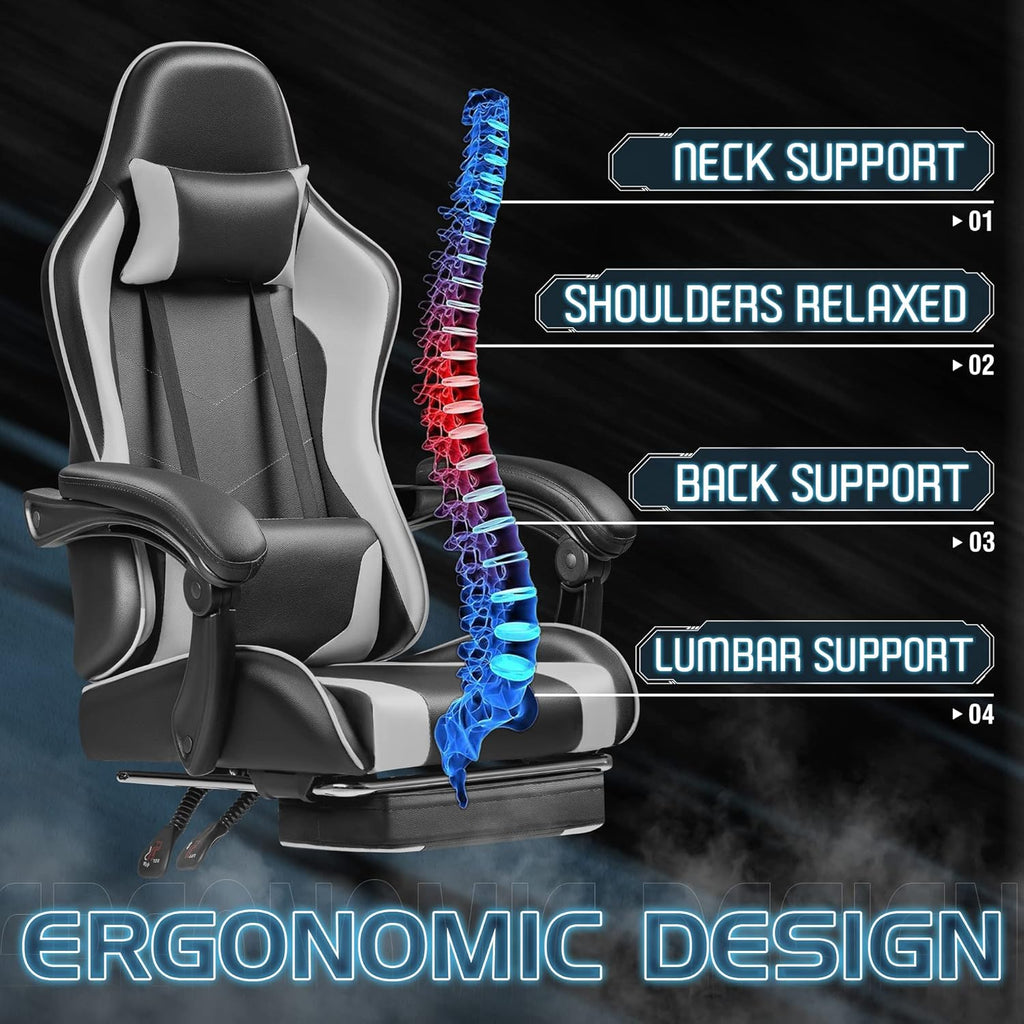 Homall Gaming Chair, Video Game Chair with Footrest and Massage Lumbar Support, Ergonomic Computer Chair Height Adjustable with Swivel Seat and Headrest (Grey)