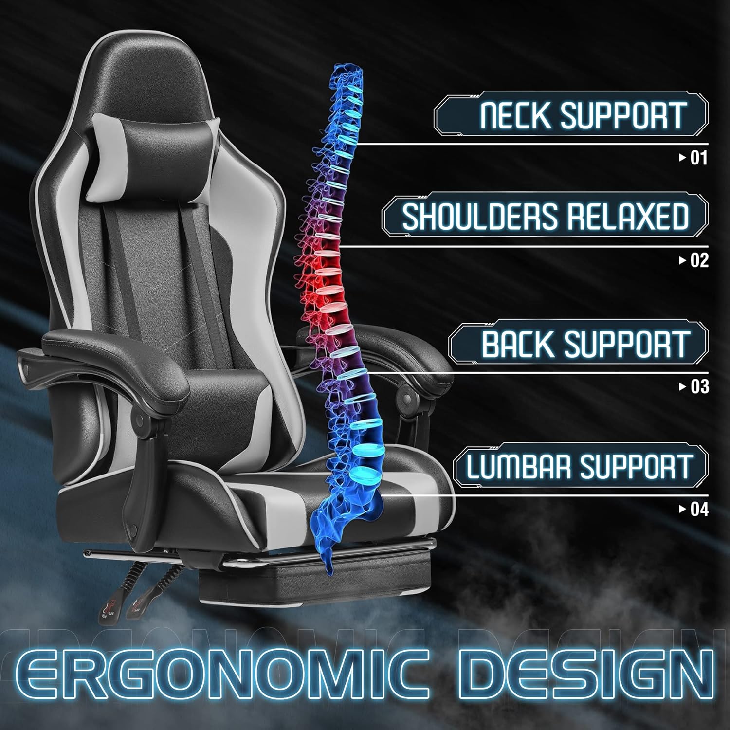 Homall Gaming Chair, Video Game Chair with Footrest and Massage Lumbar Support, Ergonomic Computer Chair Height Adjustable with Swivel Seat and Headrest (Grey)