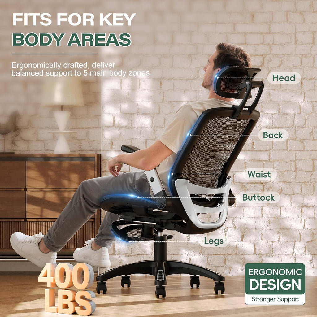 GABRYLLY Ergonomic Office Chair, High Back Home Desk Chair with Headrest, Flip-Up Arms, 90-120° Tilt Lock and Wide Cushion, Big and Tall Mesh Chairs for Man Woman, Grey Task Chair