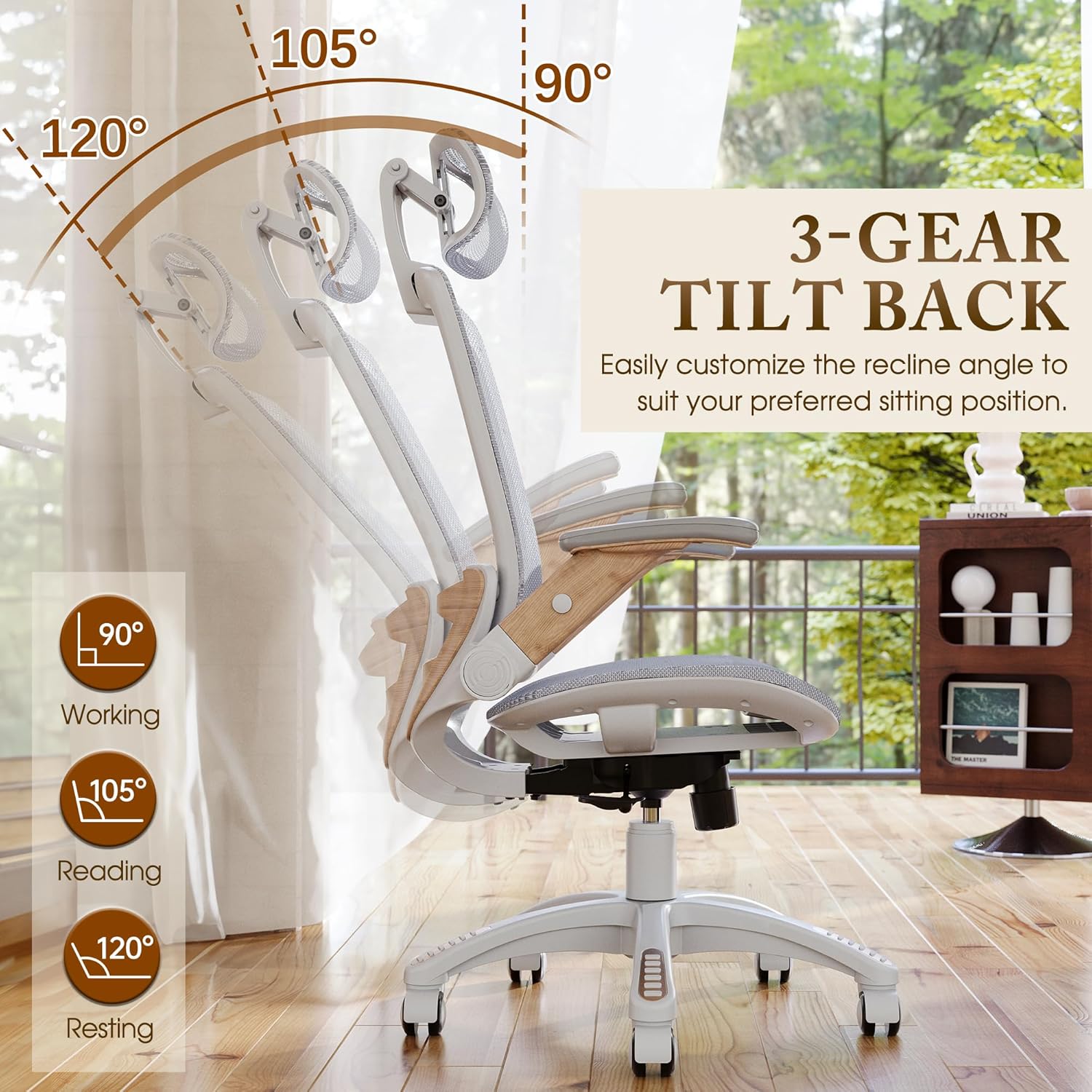 GABRYLLY Ergonomic Office Chair, High Back Home Desk Chair with Headrest, Flip-Up Arms, 90-120° Tilt Lock and Wide Cushion, Big and Tall Mesh Chairs for Man Woman, Grey Task Chair