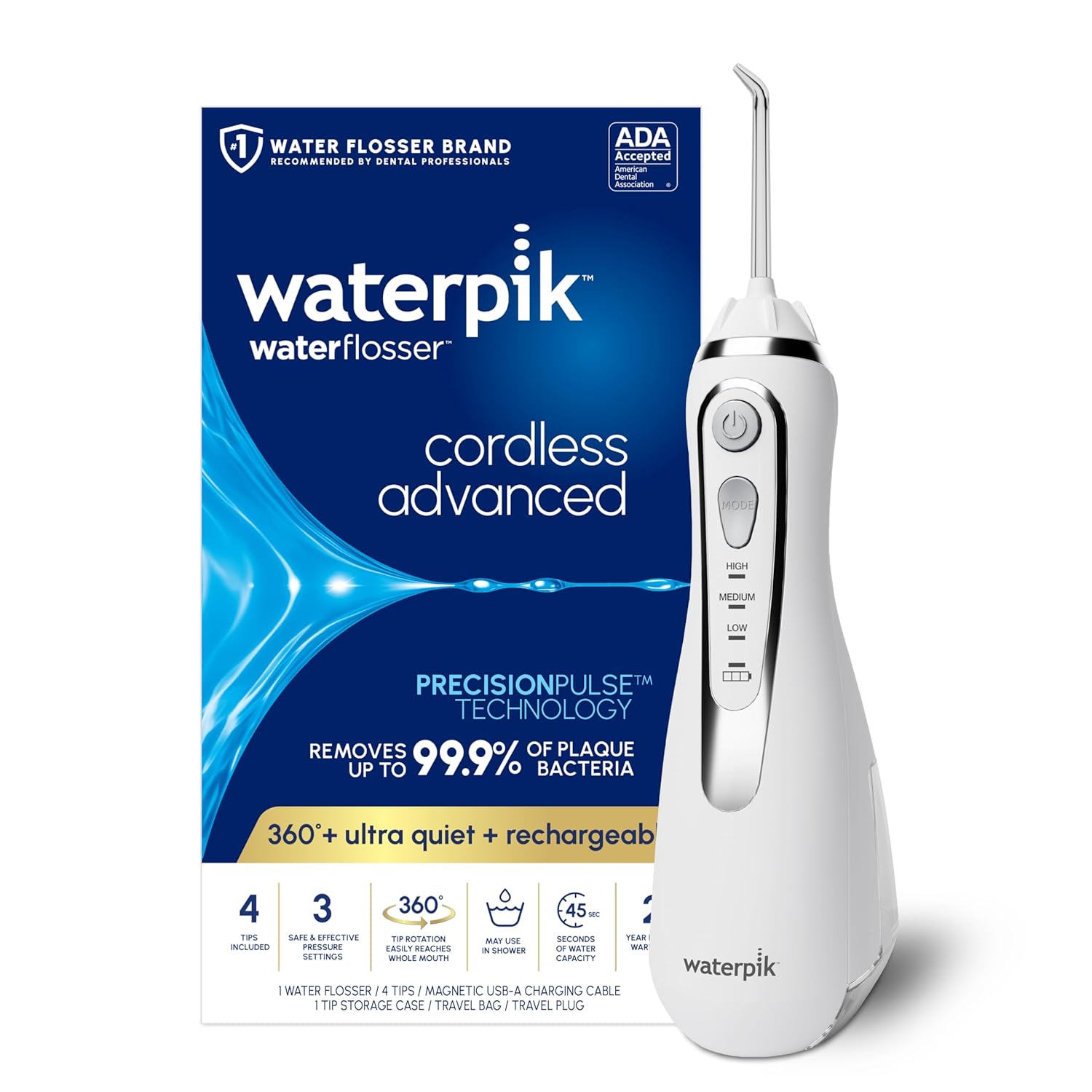 Waterpik Cordless Advanced 2.0 Water Flosser For Teeth, Gums, Braces, Dental Care With Travel Bag and 4 Tips, ADA Accepted, Rechargeable, Portable, and Waterproof, Black WP-582, Packaging May Vary