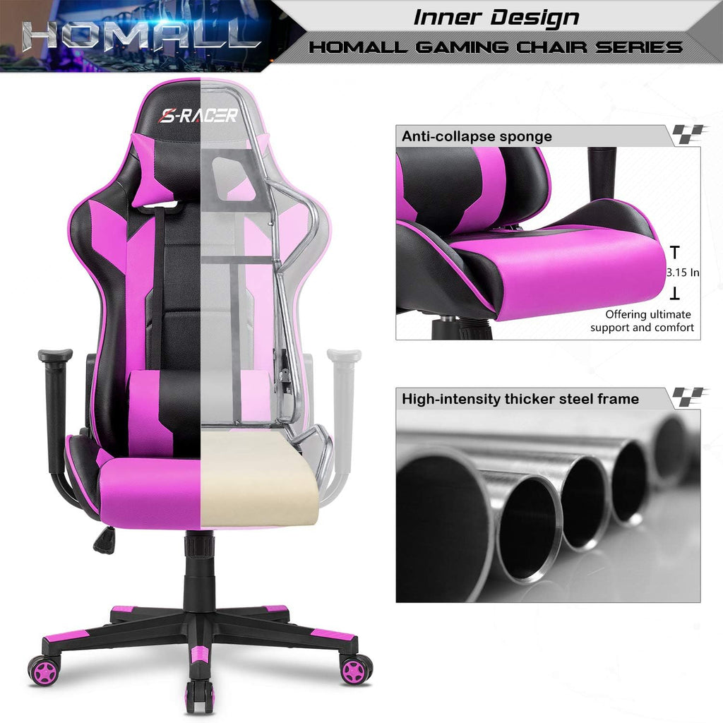 Homall Gaming Chair, Office Chair High Back Computer Chair Leather Desk Chair Racing Executive Ergonomic Adjustable Swivel Task Chair with Headrest and Lumbar Support (Dark Black)