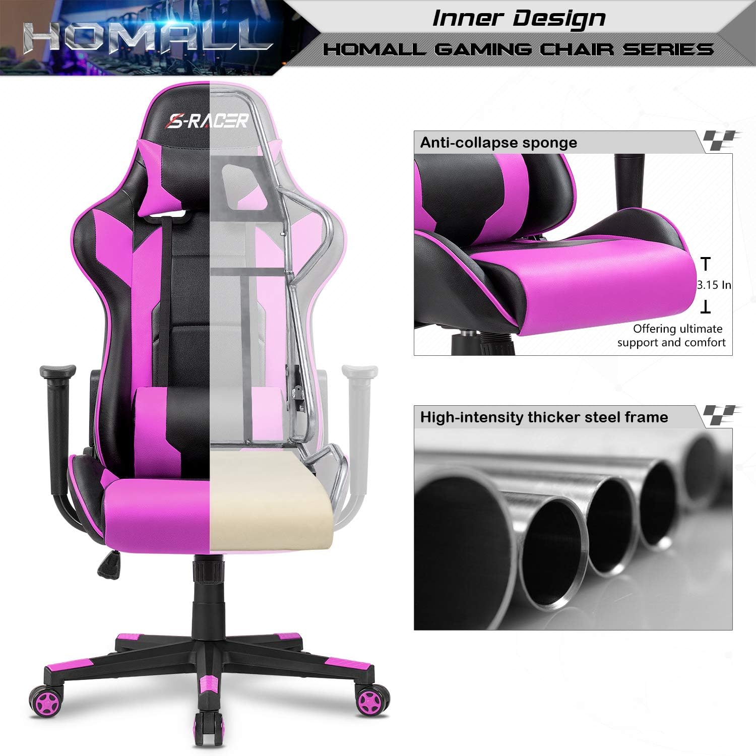Homall Gaming Chair, Office Chair High Back Computer Chair Leather Desk Chair Racing Executive Ergonomic Adjustable Swivel Task Chair with Headrest and Lumbar Support (Dark Black)