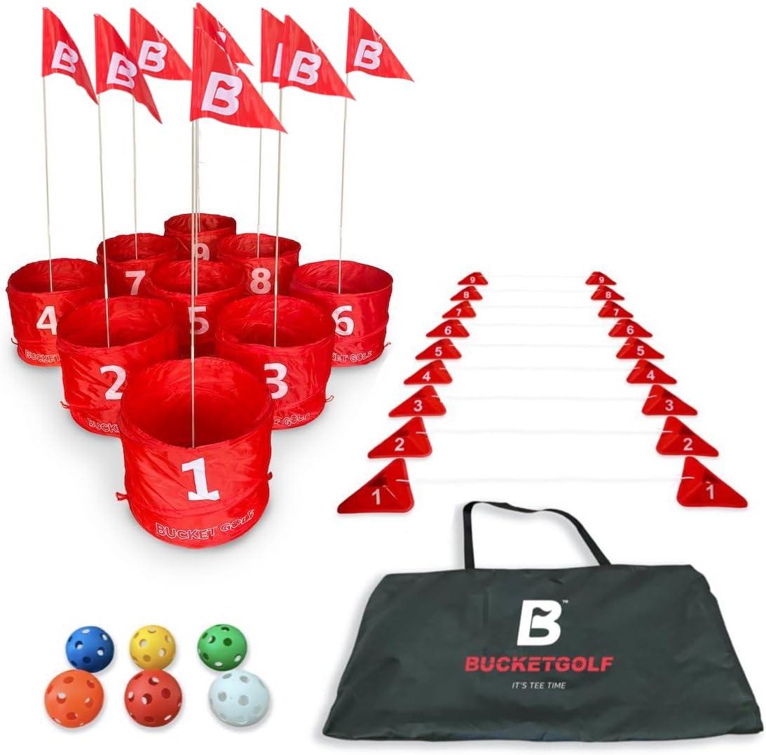 bucketgolf Game 9 Hole Bundle with Clubs - Outdoor Golf Game for All Ages Adults, Kids, Family. Play Golf Anywhere Yards, Beach, Park, Backyard Game. (2 Clubs (2 RH))
