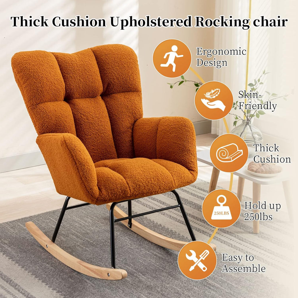 NIOIIKIT Nursery Rocking Chair Teddy Upholstered Glider Rocker Rocking Accent Chair Padded Seat with High Backrest Armchair Comfy Side Chair for Living Room Bedroom Offices (Ivory Teddy)