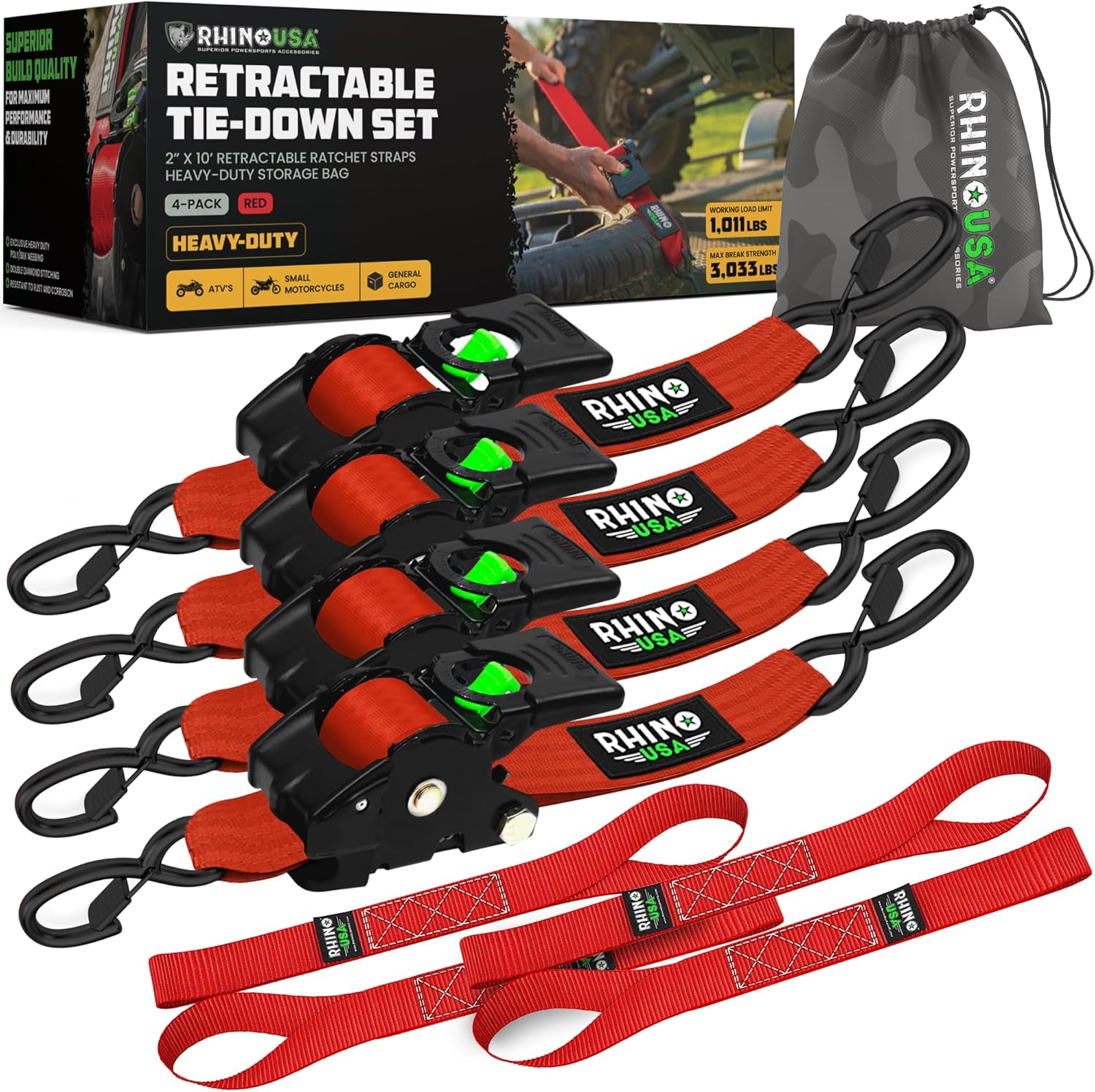 Rhino USA Retractable Ratchet Straps (2-Pack) - 2 Inch x 10 Feet (3,033lb Break Strength) - Heavy Duty Auto Self Retracting Tie Down Straps for Truck, Cargo Trailer, Motorcycle, Rad & More - Black