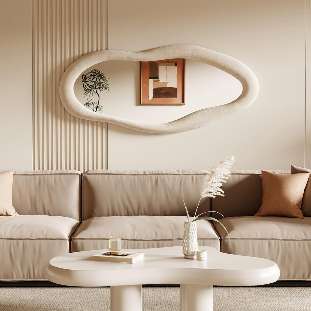 Honyee Full Length Mirror, 63" x 24" Wall Mirror, Flannel Wrapped Wooden Frame Full Body Mirror, Irregular Wavy Mirror Hanging or Leaning Against Wall for Cloakroom/Bedroom/Living Room, Ivory White