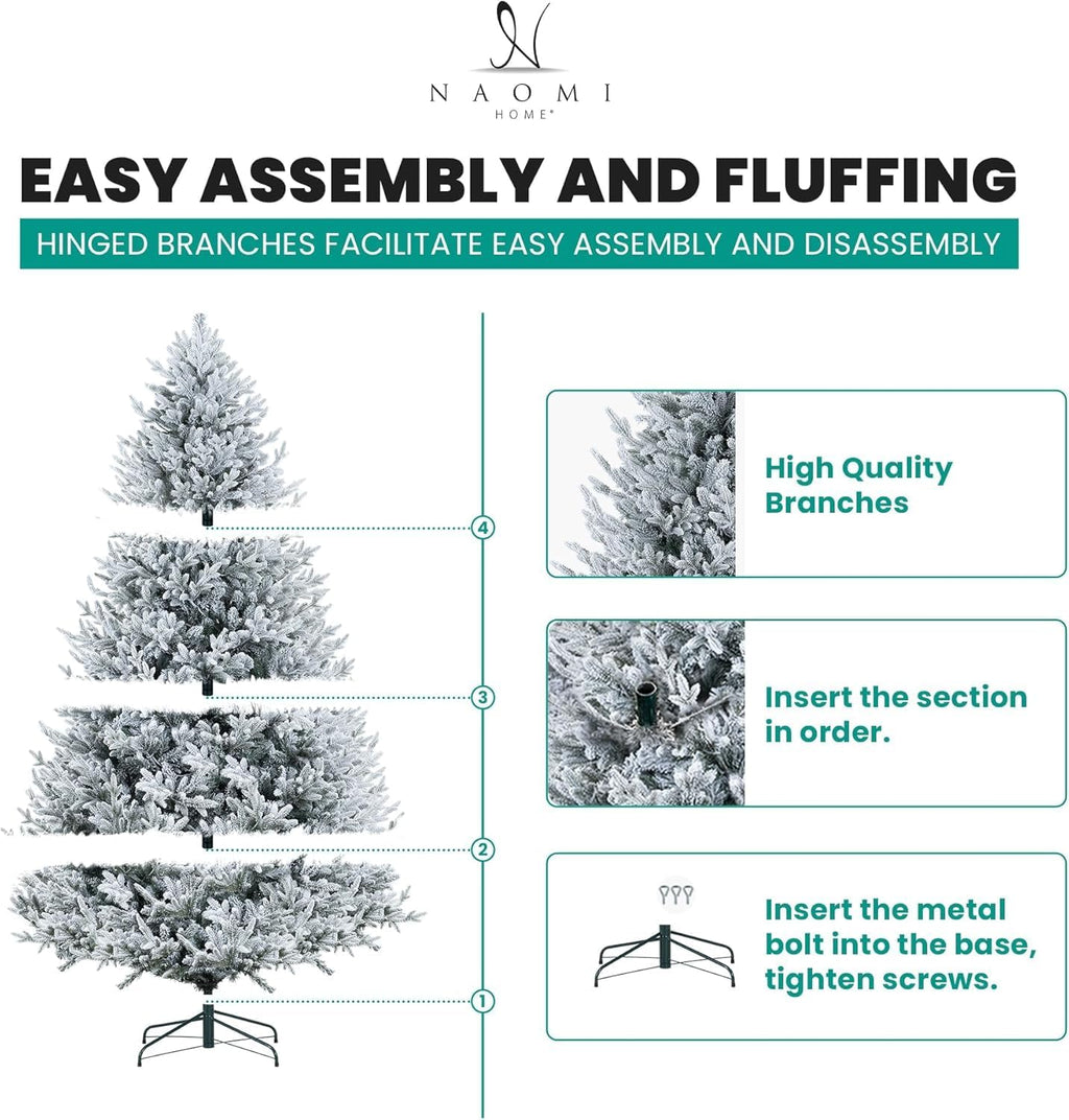Naomi Home 6.5ft Rustic Christmas Tree with Lights, Realistic Classic Prelit with 2595 Branch Tips, 600 Warm Lights and Metal Stand, Aritificial Tree