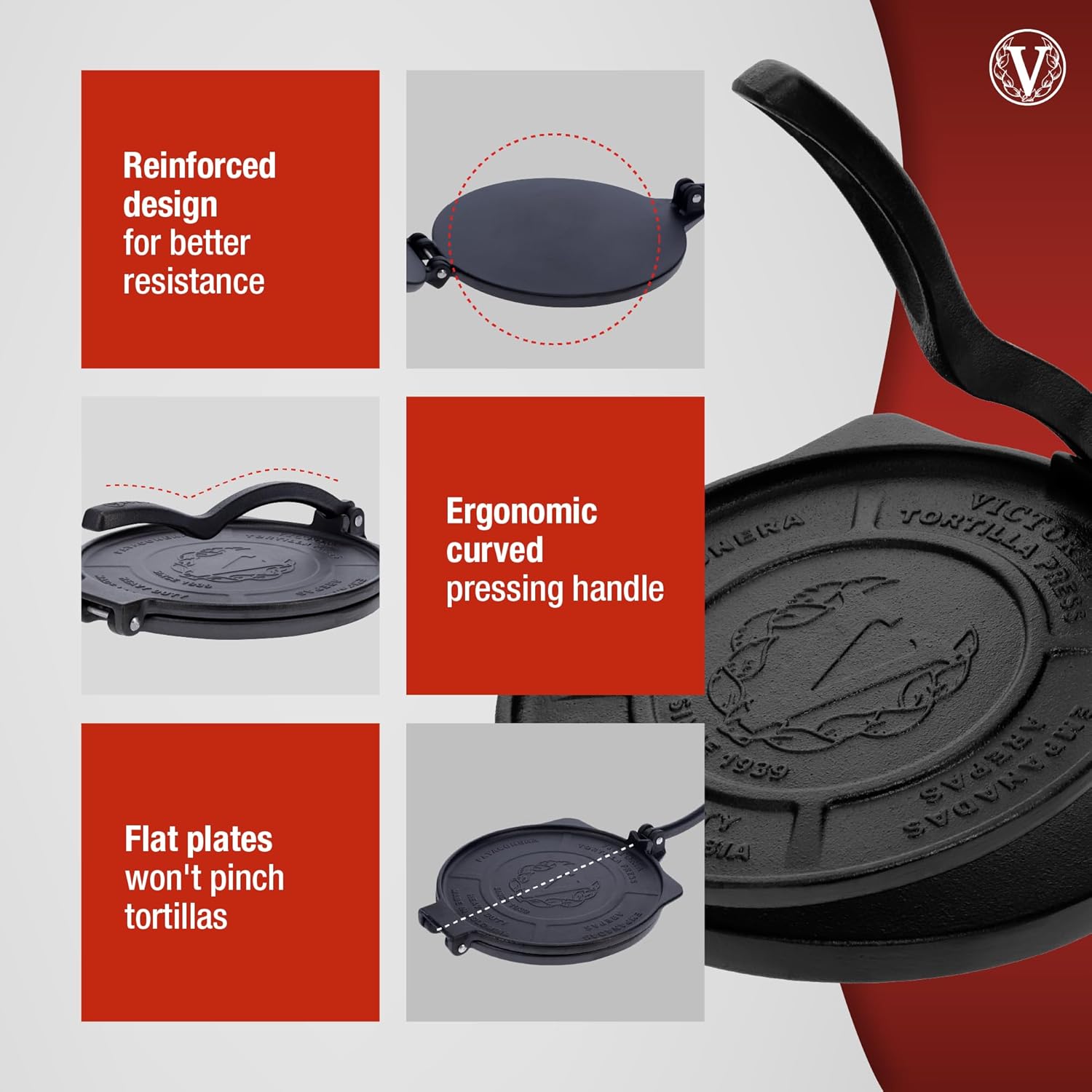 Victoria 10-Inch Commercial-Grade Cast-Iron Tortilla Press, Made from Super-Durable HD Iron, Made in Colombia