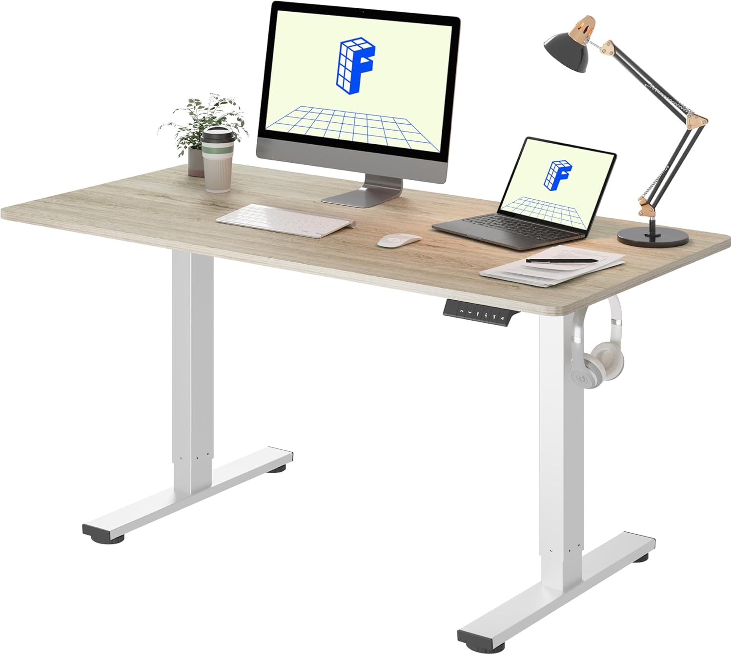 FLEXISPOT EN1 One-Piece Standing Desk 55 x 28 Inch Electric Adjustable Height Desk for Home Office and Computer Workstation (White Frame + 55" Maple Top, 2 Packages)