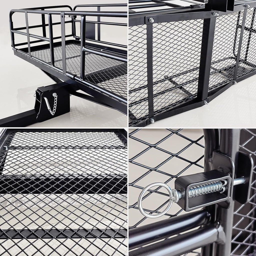 MeeFar High Rail Trailer Folding Hitch Mount Cargo Carrier Basket 60" X 24" X 14"+Waterproof Cargo Bag 20 cu ft(59" 24" 24"), Capacity of 500 Lbs with Hitch Stabilizer, Net, Lock and Straps