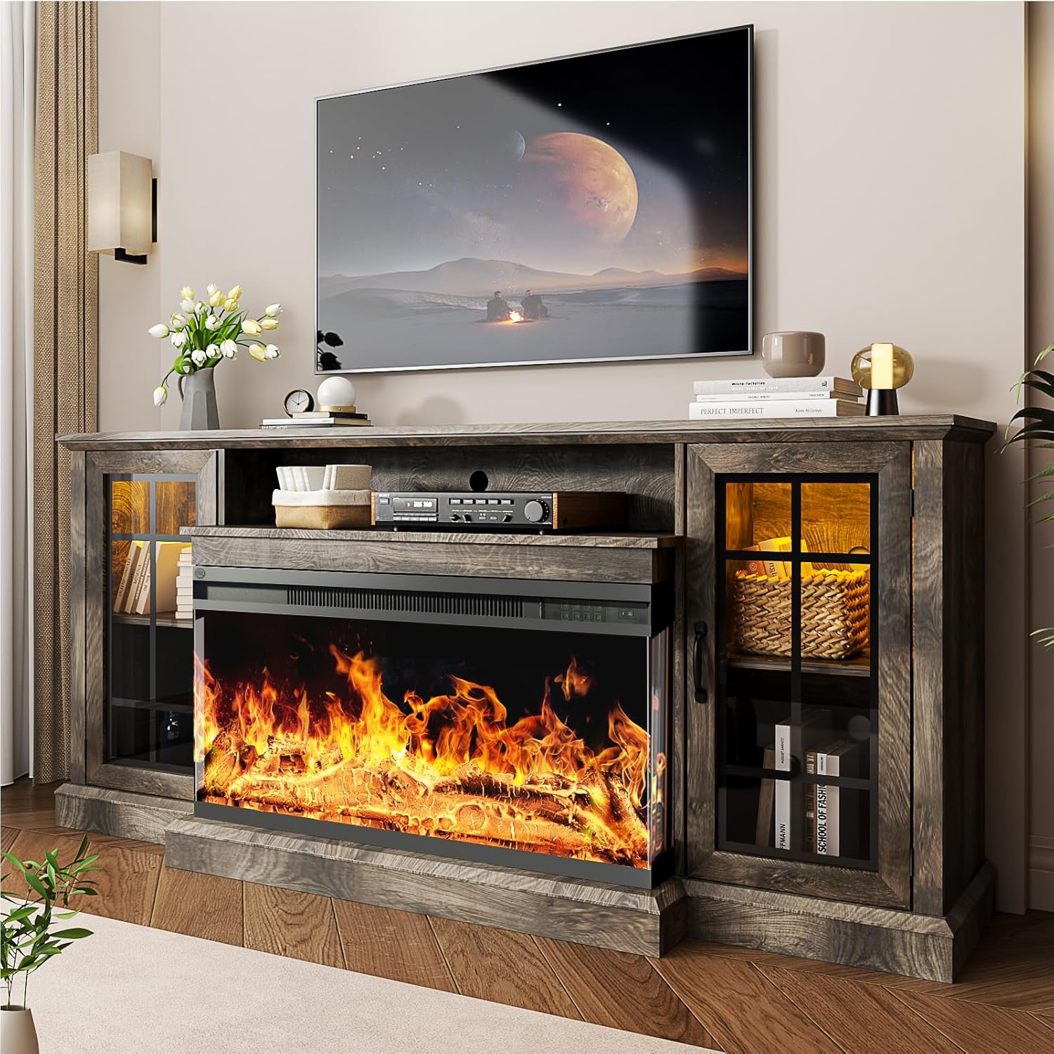 oneinmil 59'' Fireplace TV Stand, 3 Sided Glass Media Entertainment Center Console Table for TVs up to 65'' with Glass Door Adjustable Flame LED Color for Living Room, Set of TV Table, White