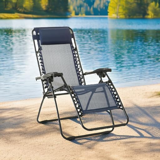 Basics Outdoor Textilene Adjustable Zero Gravity Folding Reclining Lounge Chair with Pillow, 26", Navy Blue