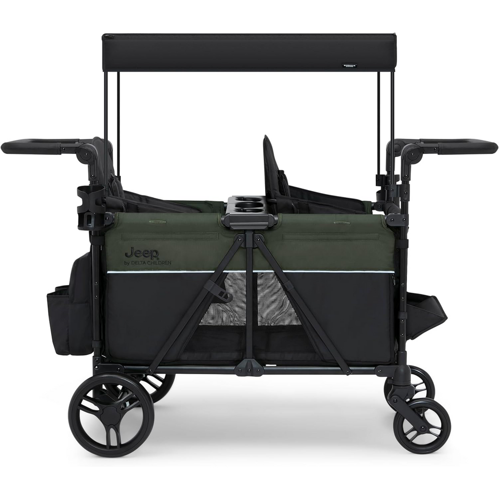 Delta Children - Jeep Wrangler Deluxe 4 Seater Stroller Wagon - Premium Quad Stroller Wagon for 4 Kids with Convertible Seats, Adjustable Push/Pull Handles, Removable Canopy & Flat Fold, Black/Green