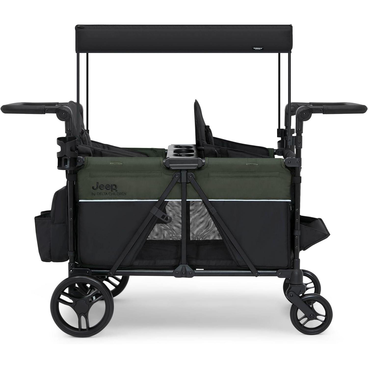 Delta Children - Jeep Wrangler Deluxe 4 Seater Stroller Wagon - Premium Quad Stroller Wagon for 4 Kids with Convertible Seats, Adjustable Push/Pull Handles, Removable Canopy & Flat Fold, Black/Green