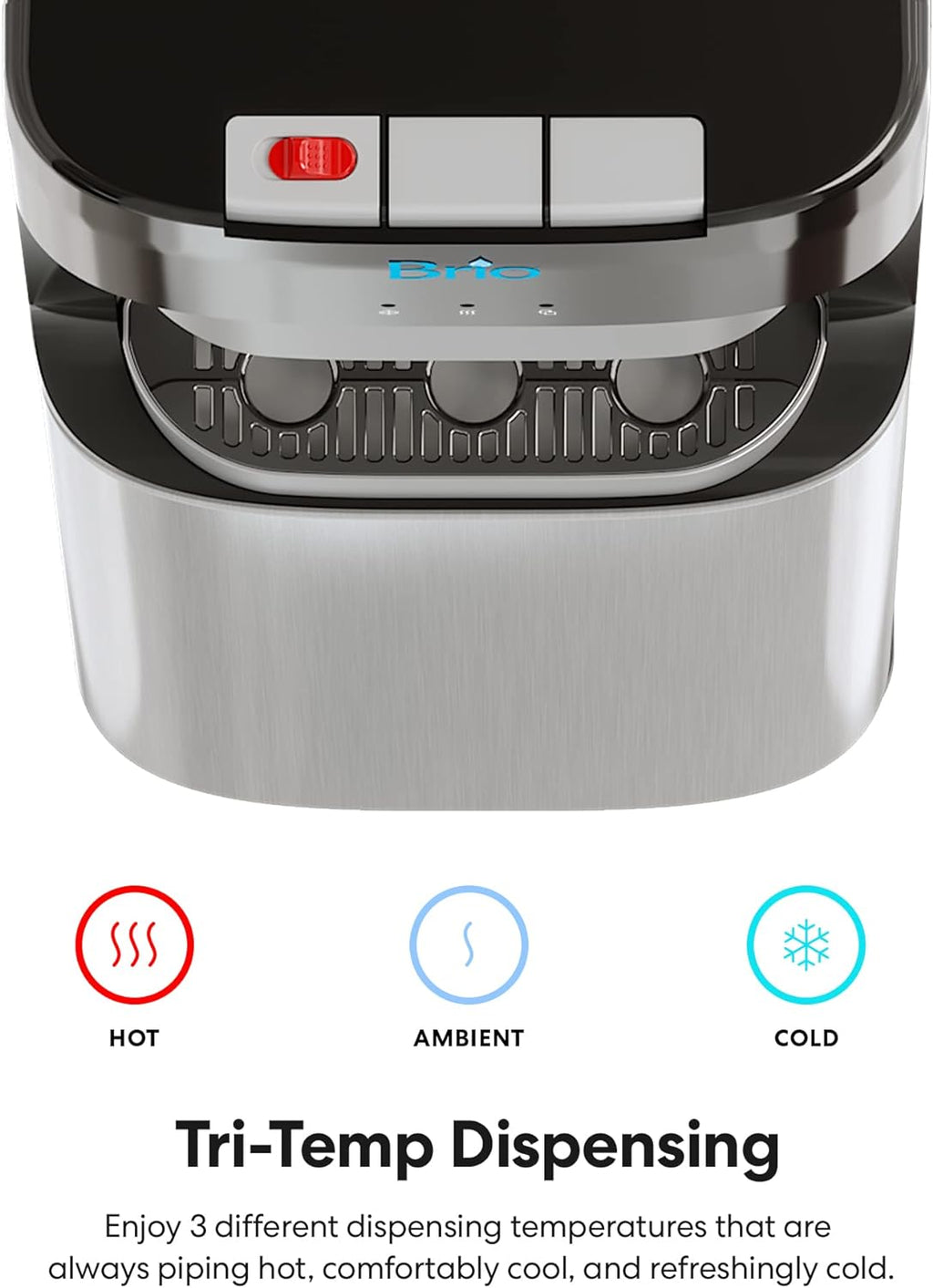 Brio Bottom Loading Water Cooler Dispenser for 5 Gallon Bottles - 3 Temperatures with Hot, Room & Cold Spouts, Child Safety Lock, LED Display with Empty Bottle Alert, Stainless Steel