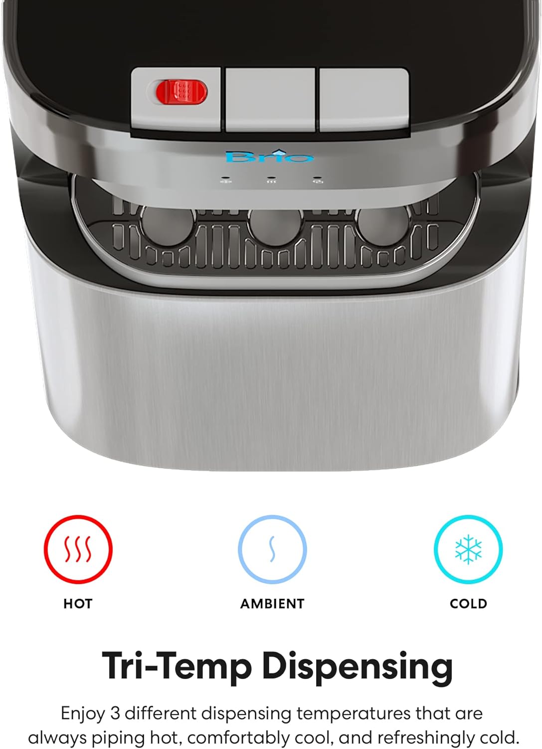 Brio Bottom Loading Water Cooler Dispenser for 5 Gallon Bottles - 3 Temperatures with Hot, Room & Cold Spouts, Child Safety Lock, LED Display with Empty Bottle Alert, Stainless Steel