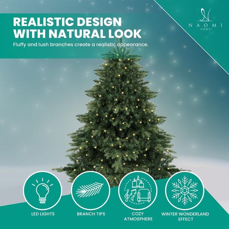 Naomi Home 6.5ft Rustic Christmas Tree with Lights, Realistic Classic Prelit with 2595 Branch Tips, 600 Warm Lights and Metal Stand, Aritificial Tree