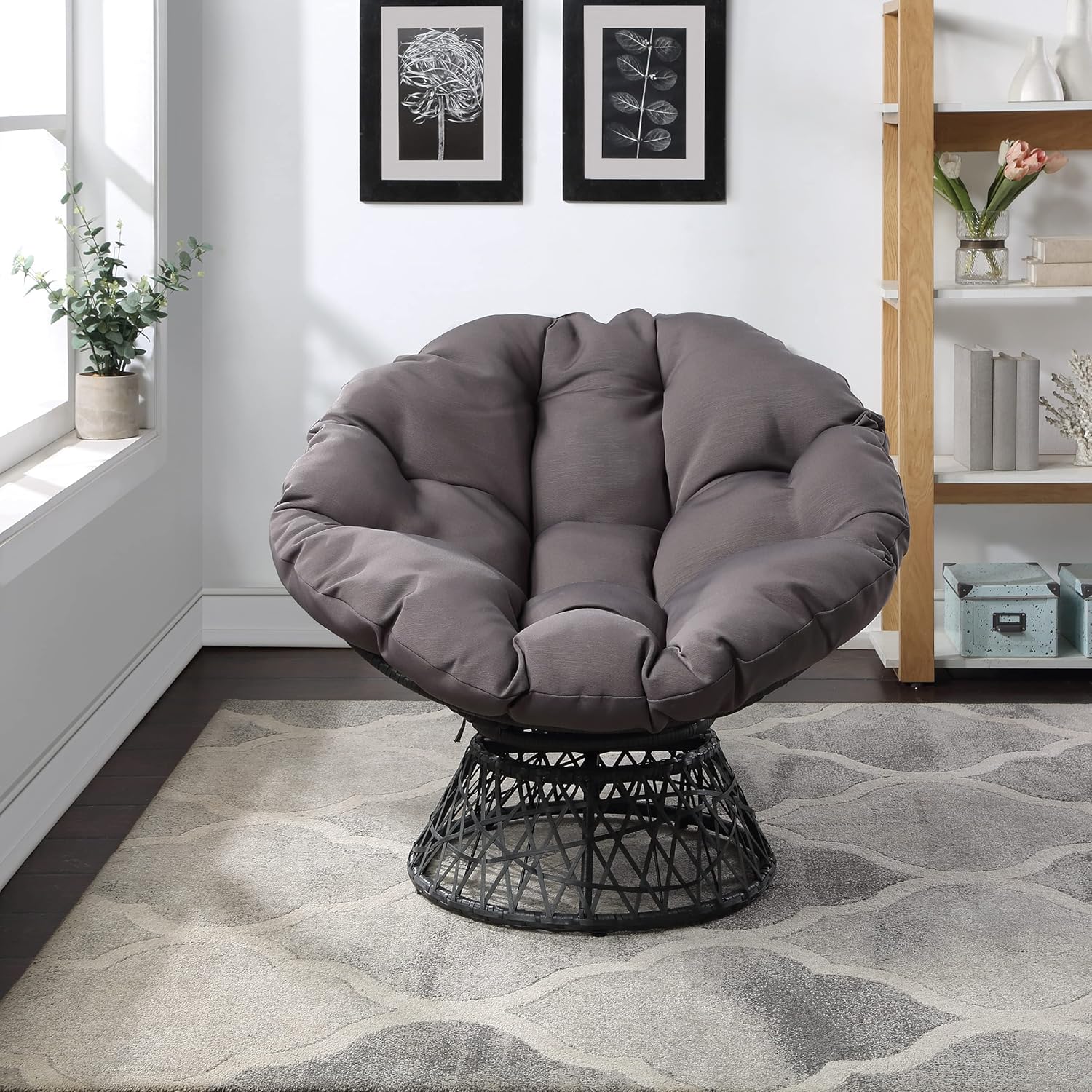 OSP Home Furnishings Wicker Papasan Chair with 360-Degree Swivel, Brown Frame with Brown Cushion