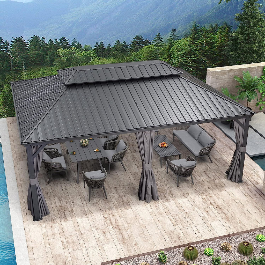 💥Limited Time Promotion💥12′ft X 20′ft Permanent Hardtop Gazebo Aluminum Gazebo with Galvanized Steel Double Roof for Patio Lawn and Garden, Curtains and Netting Included, Grey