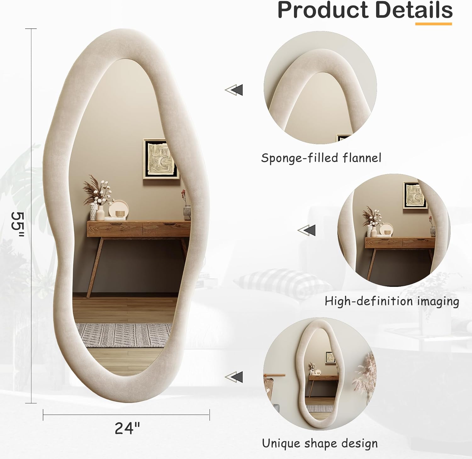 Honyee Full Length Mirror, 63" x 24" Wall Mirror, Flannel Wrapped Wooden Frame Full Body Mirror, Irregular Wavy Mirror Hanging or Leaning Against Wall for Cloakroom/Bedroom/Living Room, Ivory White