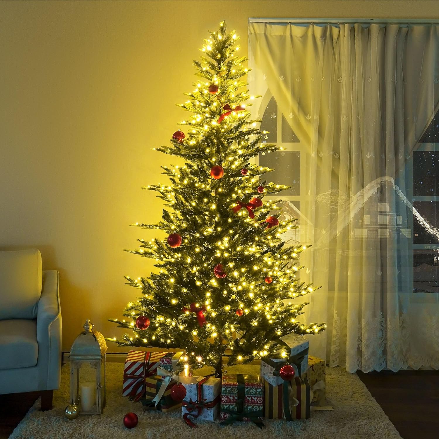 Naomi Home 6.5ft Rustic Christmas Tree with Lights, Realistic Classic Prelit with 2595 Branch Tips, 600 Warm Lights and Metal Stand, Aritificial Tree