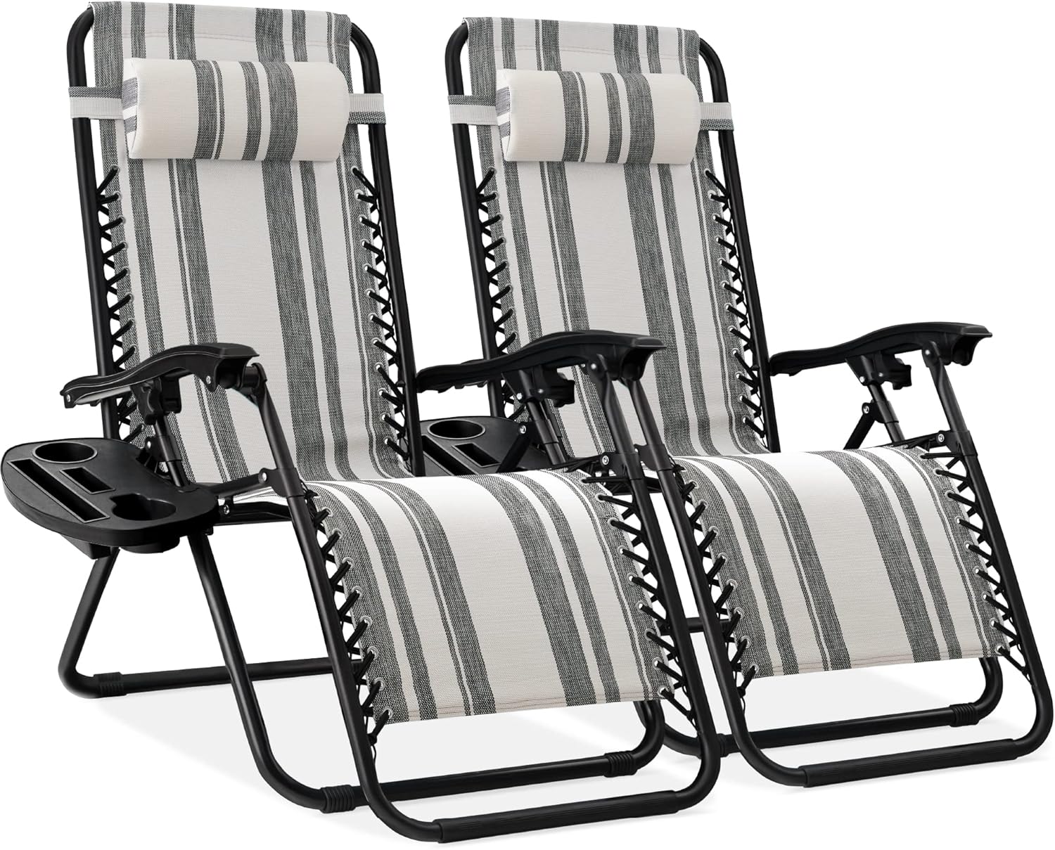 Best Choice Products Set of 2 Adjustable Steel Mesh Zero Gravity Lounge Chair Recliners w/Pillows and Cup Holder Trays - Beige