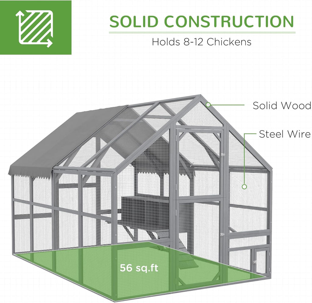 PawHut Large Chicken Run, Wooden Chicken Coop with Waterproof & Anti-UV Cover, Split Door, 4 Nesting Boxes, Roosting Bar, Walk-in Chicken Pen for 8-12 Chickens, for Backyard, Farm, 9' x 6' x 6'