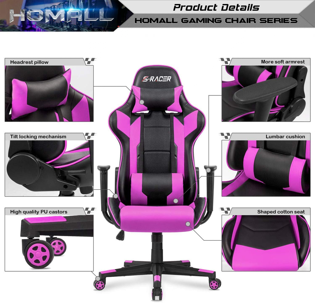 Homall Gaming Chair, Office Chair High Back Computer Chair Leather Desk Chair Racing Executive Ergonomic Adjustable Swivel Task Chair with Headrest and Lumbar Support (Dark Black)