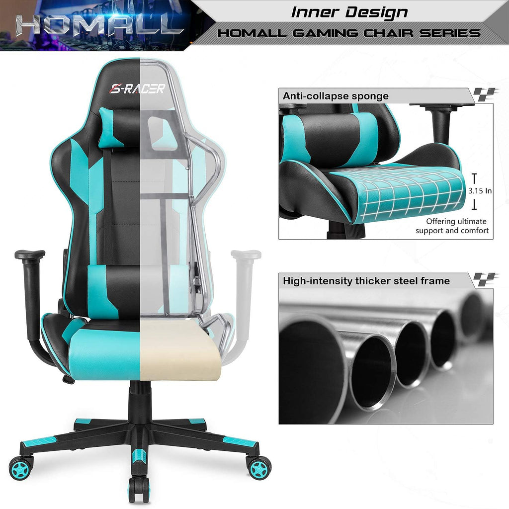 Homall Gaming Chair, Office Chair High Back Computer Chair Leather Desk Chair Racing Executive Ergonomic Adjustable Swivel Task Chair with Headrest and Lumbar Support (Dark Black)
