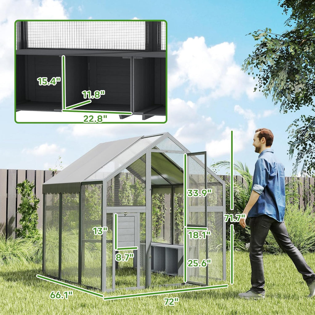PawHut Large Chicken Run, Wooden Chicken Coop with Waterproof & Anti-UV Cover, Split Door, 4 Nesting Boxes, Roosting Bar, Walk-in Chicken Pen for 8-12 Chickens, for Backyard, Farm, 9' x 6' x 6'